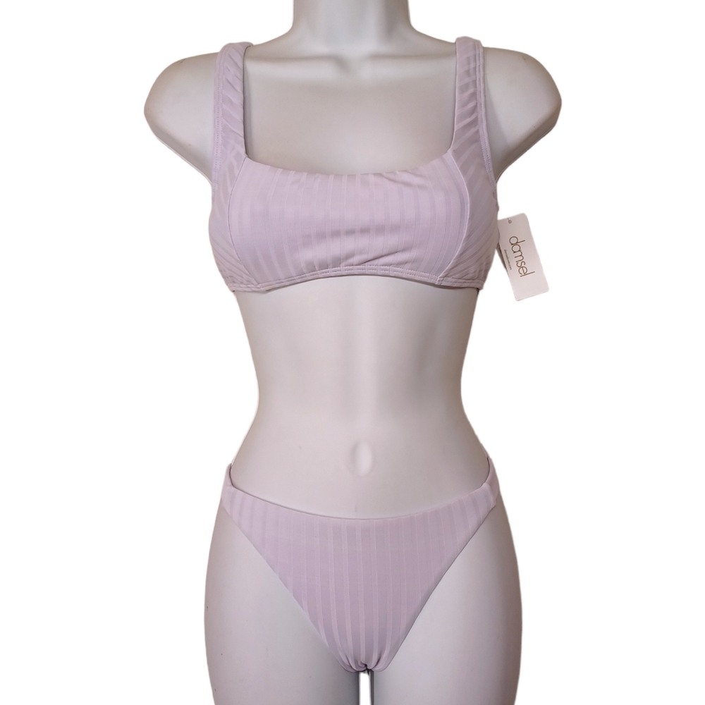 ZUMIEZ DAMSEL Lilac Light Purple Super Rib Sport Cheeky Bikini Set Large NWT
